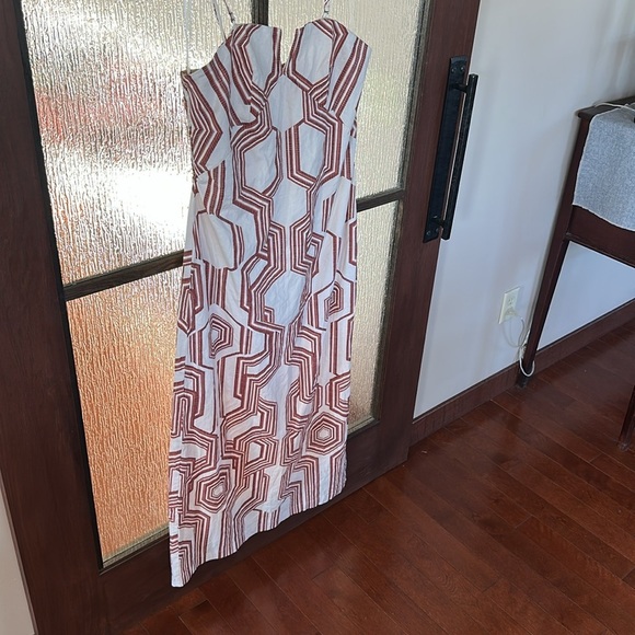 By Anthropologie Strapless Linen Plunge-neck MIDI Dress Size 14 NWT BROWN motif - Picture 12 of 17